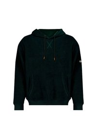 Sweatshirt à capuche en corduroy vert foncé avec une poche kangourou, fermeture à cordon et petit logo sur la manche gauche.