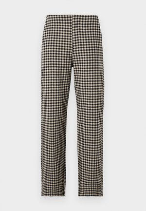 Μαύρο και μπεζ καρό παντελόνι με ίσια γραμμή, επίπεδη μπροστινή όψη και μέση μέση σε απλό λευκό φόντο.