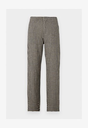 Μαύρο και μπεζ καρό παντελόνι με ίσια γραμμή, επίπεδη μπροστινή όψη και μέση μέση σε απλό λευκό φόντο.