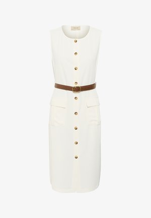 Krémové šaty bez rukávov s predným zapínaním na gombíky, hnedým opaskom a dvoma bočnými vreckami. Vyrobené z látky s hladkou štruktúrou. Gombíky v zlatej farbe.