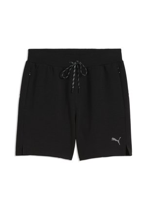 Czarne sportowe szorty ze sznurkiem w talii, kieszeniami na zamek po bokach, małym odblaskowym logo Puma na lewej nodze oraz małymi rozcięciami po bokach na dole.