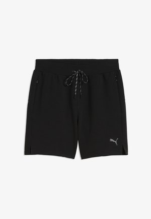 Schwarze Sportshorts mit Kordelzug in der Taille, Reißverschlusstaschen an den Seiten, kleinem reflektierendem Puma-Logo am linken Bein und kleinen seitlichen Schlitzen am Saum.