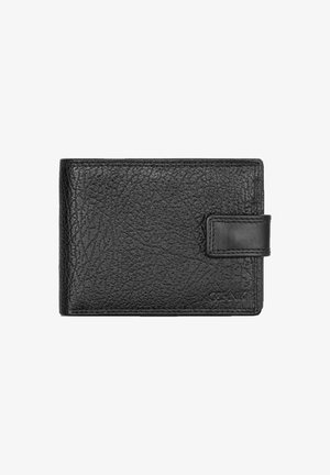 Czarny skórzany portfel o teksturowanym wykończeniu, prostokątnym kształcie i zabezpieczającym pasku zamykającym po jednej stronie. Dyskretnie wytłoczone logo marki.
