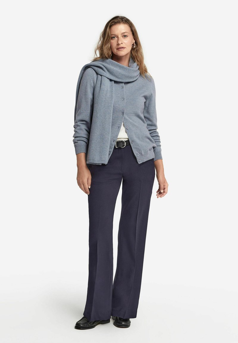 Lichtblauwe cardigan met knopen, gecombineerd met een witte top en marineblauwe broek. De cardigan heeft een lusvormige kraag en een iets losse pasvorm. Zwarte schoenen.