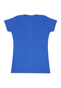 Modré bavlněné tričko s krátkými rukávy, kulatým výstřihem a hladkou texturou. Pohled zezadu ukazuje jednoduchý, nenápadný design.