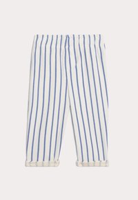 Pantaloni bianchi in cotone con righe verticali blu, dotati di una vita elasticizzata e orli arrotolati, progettati per il comfort e la facilità d'uso.