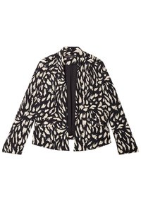 Blazer bianco e nero con una stampa testurizzata simile a un leopardo. Ha maniche lunghe, un'apertura frontale e due tasche sul petto.