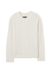 White knitted sweater with cable patterns on the front and sleeves, ribbed cuffs, hem, and round neckline.