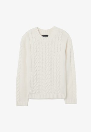 Witte gebreide trui met kabelpatronen aan de voorkant en mouwen, geribbelde manchetten, zoom en ronde halslijn.