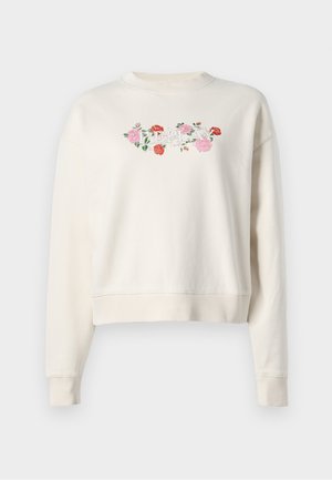 Sweatshirt crème clair avec un col rond côtelé et un design floral brodé en rose et rouge. Il dispose de manches longues et de poignets côtelés.