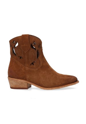 Brown suede ankle boot with a pointed toe, decorative cut-out details, and a stacked wooden heel. Smooth texture and understated design.