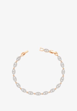 Ruusu kullanasta valmistettu käsikoru, jossa on ketjussa toisiinsa yhdistettyjä silmän muotoisia timanttiklusteria ja hummerinukkehti lukko, valkoisella taustalla.