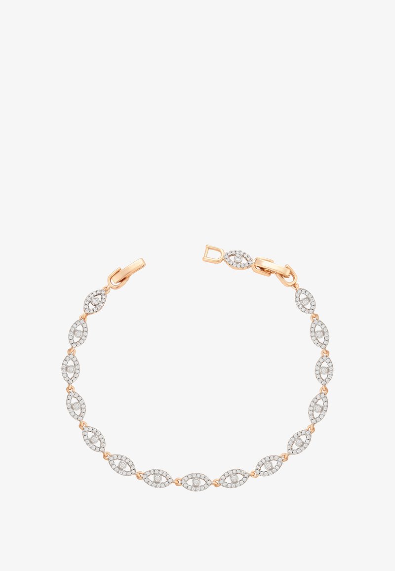 Rózsa arany karkötő összekapcsolt szem alakú gyémánt klaszterekkel és homárfogó zárat tartalmaz, fehér háttérrel.