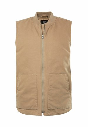 Beige ärmellose Weste mit einem Reißverschluss vorne, zwei Vordertaschen, geripptem Kragen und strukturierter Stoffoberfläche. Einfaches Design mit funktionalen Akzenten.