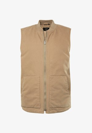 Tan sleeveless vest with a zip front, two front pockets, ribbed collar, and textured fabric. Simple design with functional accents.