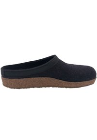 Black felt clog with a cork sole, featuring a smooth black band around the opening. The texture is soft and fuzzy, giving a cozy appearance.