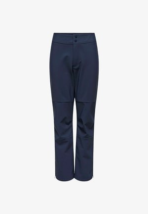 Tamno plave vodootporne hlače za van, s dvostrukim kopčanjem na dugmad i zakrivljenim koljenima, dizajnirane za aktivnu upotrebu.