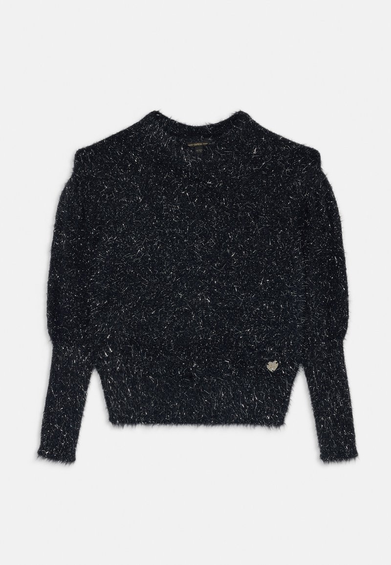 Schwarzer, flauschiger Pullover mit Rundhalsausschnitt, langen Ärmeln und einem silbernen Herzlogo-Detail auf der unteren linken Seite. Weicher Stoff mit grobem Strick.