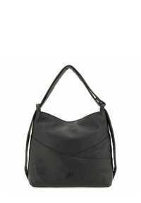 Bolso de mano de cuero negro con una superficie texturizada, forma flexible, borde superior curvado y una sola correa para el hombro. Presenta costuras mínimas y un logo.