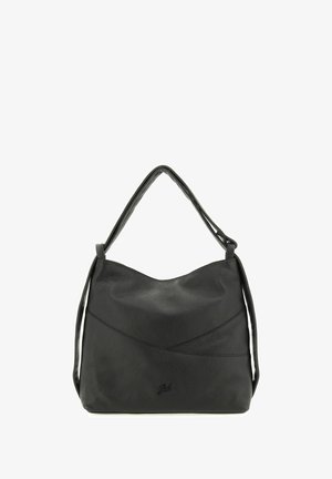 Sac à main en cuir noir avec une surface texturée, une forme décontractée, un bord supérieur arrondi et une seule bandoulière. Présente un minimum de coutures et un logo.