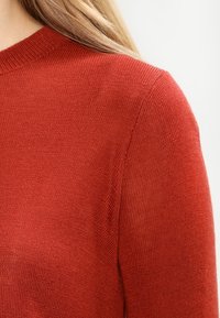 Roter Strickpullover mit Rundhalsausschnitt und strukturiertem Stoff. Das Design weist lange Ärmel und eine taillierte Form auf.