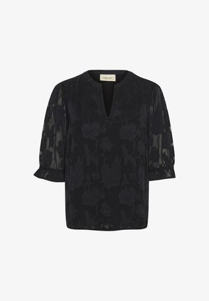 Musta toppi, jossa on läpinäkyvät puffi-hihat ja kukkaprintti. V-pääntie rypytetyillä hihoilla. Pehmeä, teksturoitu kangas.