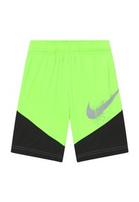 Neongröna träningsshorts med svart underdel, elastisk midja och grå Nike-logotyp med splatterdetalj på framsidan.