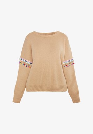 Beige knitted sweater with a crew neck, featuring colorful tassels and embroidery on the sleeves. Soft texture and ribbed cuffs.