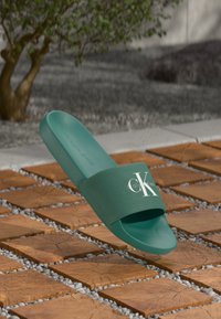 Sandalo verde con una fascia morbida, caratterizzato da un logo bianco. Realizzato con materiali testurizzati, che mette in mostra un design moderno su una superficie in legno.