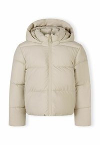 Giacca trapuntata beige con chiusura a zip e cappuccio. Presenta un design trapuntato, maniche lunghe e una texture morbida.
