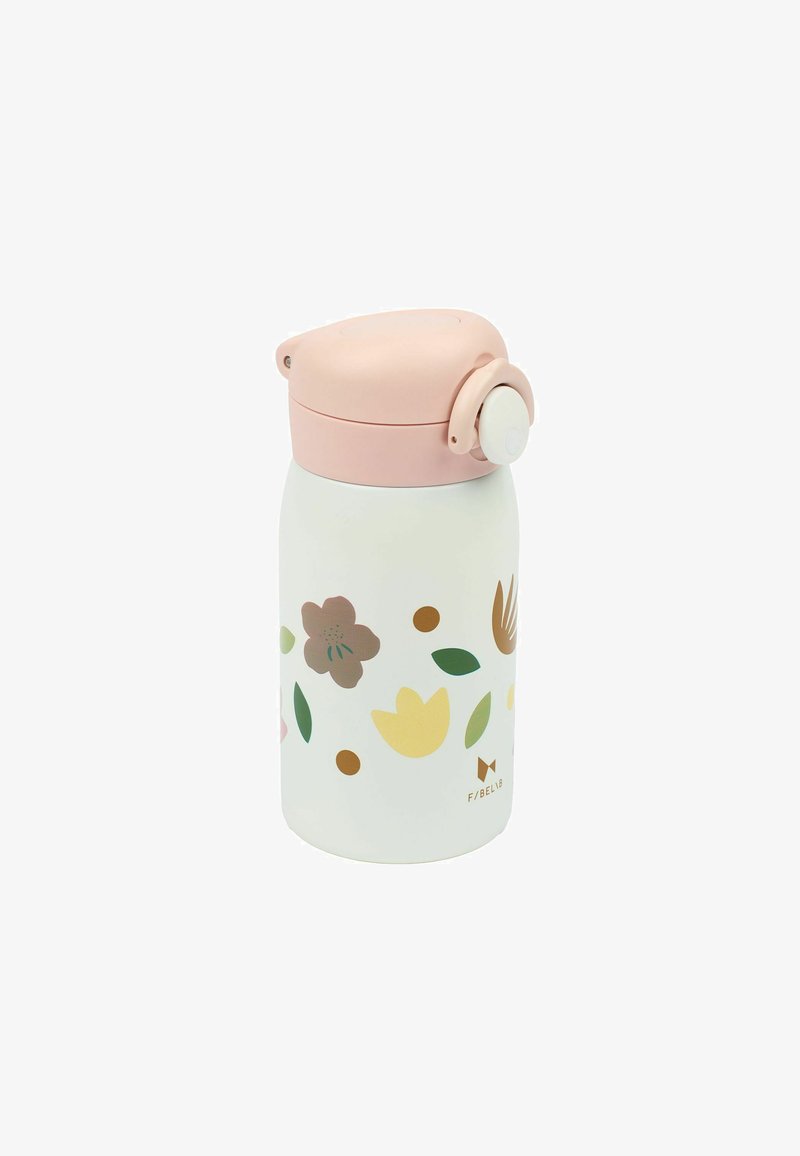 Isolierte weiße Edelstahl-Wasserflasche mit einem rosa Deckel, verziert mit bunten Blumen- und Blattmustern in grünen, goldenen und gelben Akzenten.