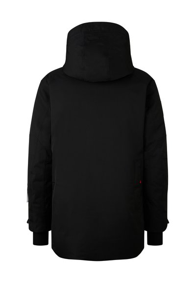 Černá parková bunda s kapucí, dlouhými rukávy a bočními kapsami. Tkanina má hladkou texturu a čistý, minimalistický design.