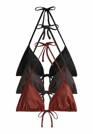 Three triangle bikini tops in black, dark brown ribbed, and rust red, with halter neck and back tie closures, stacked vertically.