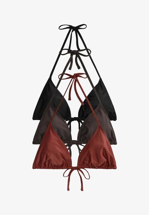 Trei sutiene bikini în formă de triunghi, în negru, maro închis cu dungi și roșu rugină, cu închideri cu legături la gât și la spate, așezate vertical una peste alta.