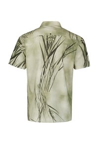 Korte mouwen shirt van lichtgroene stof met een bladerenpatroon in donkerdere groentinten, met een knoop aan de achterkant en een losse pasvorm.