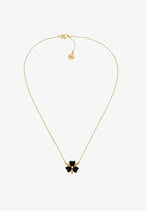 Gold chain necklace featuring a black flower pendant with a pearl accent, designed with smooth textures and a delicate clasp.