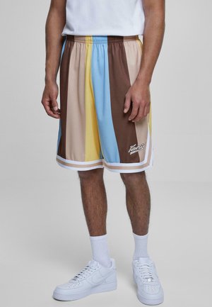 Bunte gestreifte Shorts in den Farbtönen Braun, Beige, Hellblau und Gelb, aus leichtem Stoff gefertigt, mit elastischem Bund und weißen Akzenten.