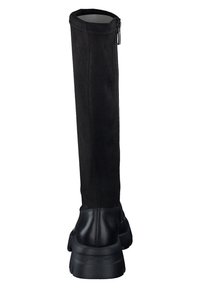 Botas de rodilla negras con una base de cuero suave y parte superior de ante texturizado. Cierre lateral para facilitar su uso y suela de goma gruesa.