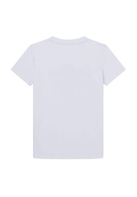 Camiseta de algodón blanca con mangas cortas y cuello redondo. Textura suave, sin patrones visibles ni acentos, vista trasera lisa.
