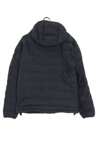 Giacca a vento nera con cappuccio, caratterizzata da un design trapuntato, tasche con zip e polsini elastici. Tessuto liscio e resistente all'acqua.