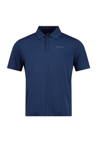 Marinblå polo t-shirt gjord av slät tyg, med en klassisk krage, treknapps placket och en liten logotyp på bröstet.