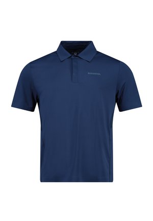 Navyblaues Poloshirt aus glattem Stoff, mit klassischem Kragen, Dreiknopf-Leiste und kleinem Logo auf der Brust.
