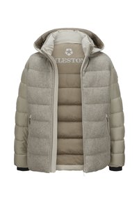 Beige und hellbrauner Pufferjacke mit gesteppten Ärmeln, wolkenartiger Front, Kapuze, Reißverschluss, Seitentaschen und Logo auf der inneren Futter.