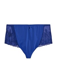 Blue underwear featuring a smooth front and sheer lace sides with a scalloped edge, showcasing a wavy pattern along the edges.