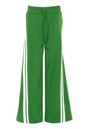 Green, wide-leg jogger pants made of soft fabric, featuring a drawstring waistband and white side stripes for added detail.
