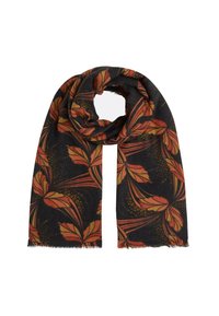 Patterned scarf featuring dark base with orange and yellow leaf motifs, soft texture, and fringed edges. Circular shape when draped.