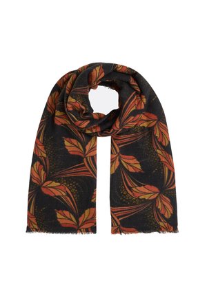 Patterned scarf featuring dark base with orange and yellow leaf motifs, soft texture, and fringed edges. Circular shape when draped.