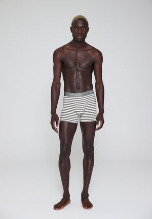 Mænds boxer briefs i lys grå med hvide striber. Blød, elastisk talje med brandtekst. Tætsiddende design med minimal bendækning.