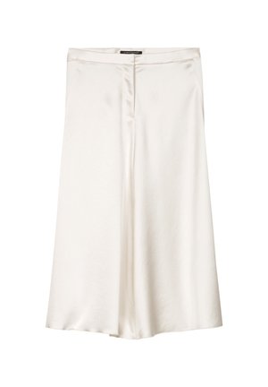 Cream-colored wide-leg trousers with a smooth texture, featuring a flat waistband and side pockets. Slightly draped design allows for movement.
