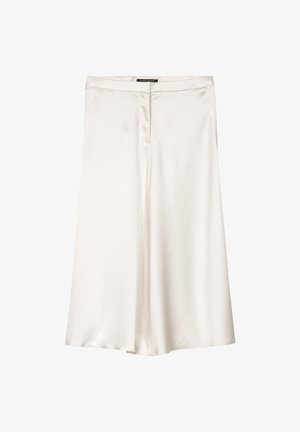 Cream-colored wide-leg trousers with a smooth texture, featuring a flat waistband and side pockets. Slightly draped design allows for movement.
